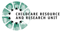 Images of children and name of organization in the Childcare Resource and Research Unit logo