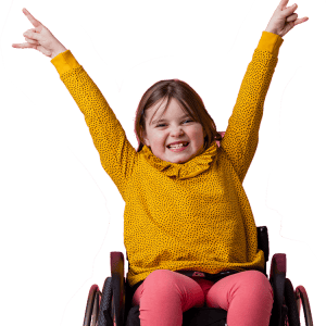 Photo of a girl in a wheelchair with her arms raised in victory cheer.